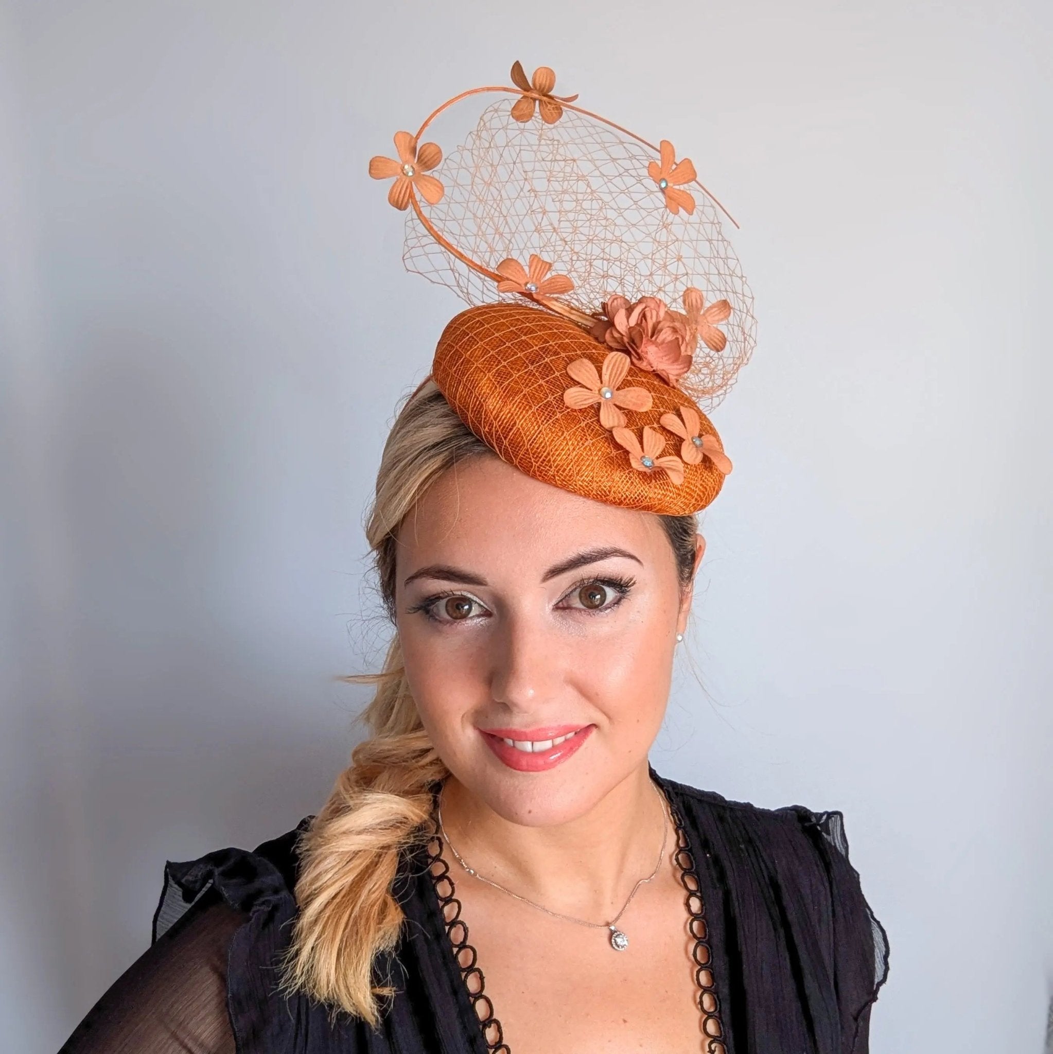 Burnt orange flower fascinator hat - House of Hats