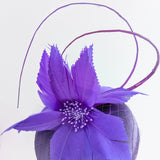 Cadbury purple feather satin fascinator hat - House of Hats