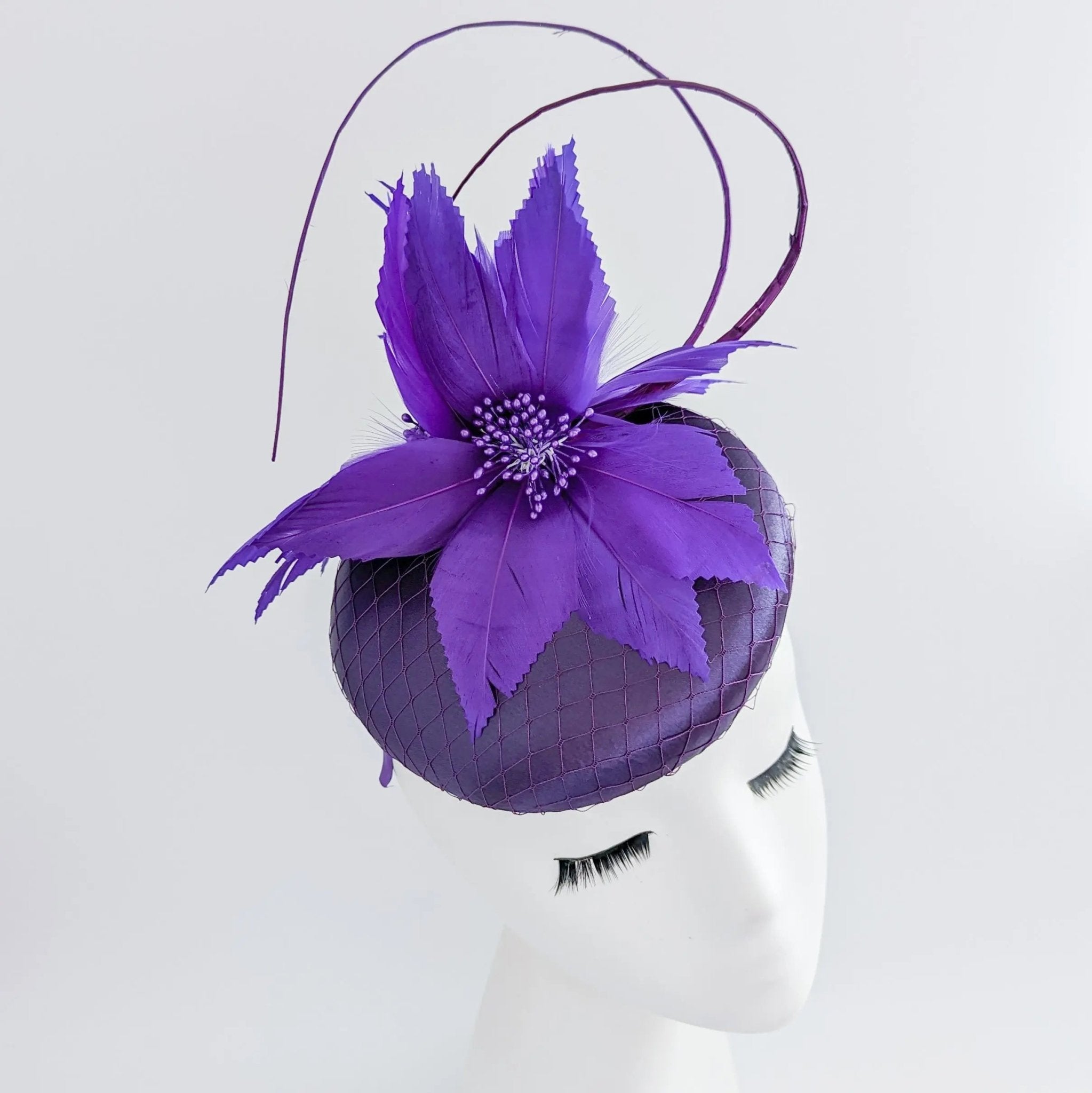 Cadbury purple feather satin fascinator hat - House of Hats