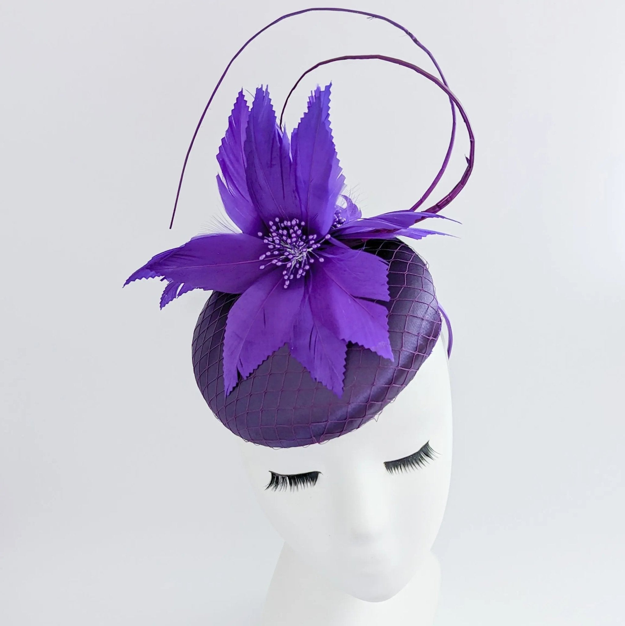 Cadbury purple feather satin fascinator hat - House of Hats