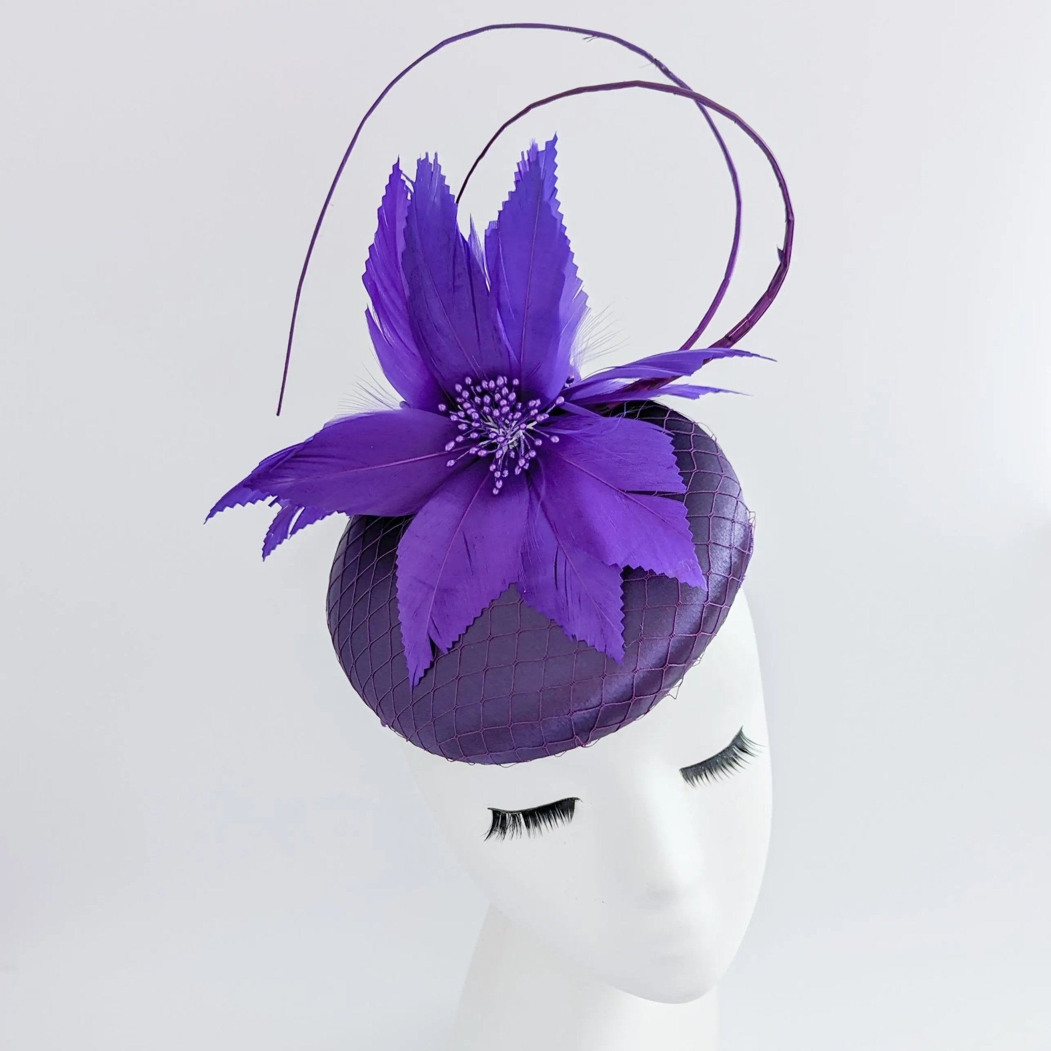 Cadbury purple feather satin fascinator hat - House of Hats
