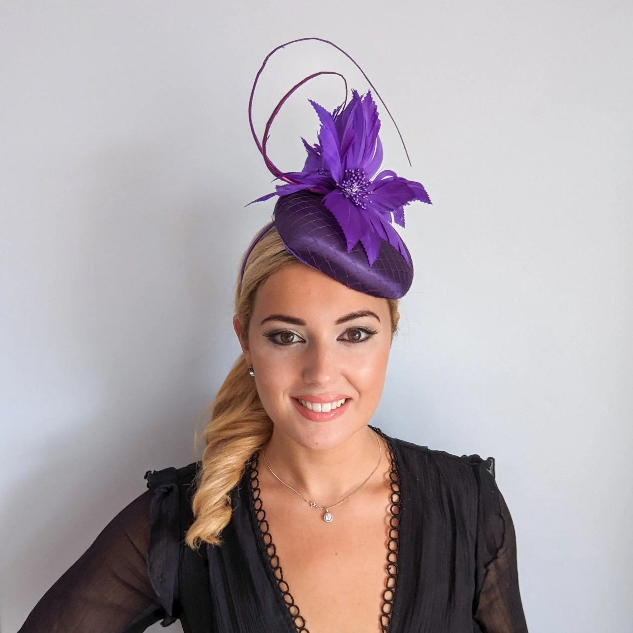 Cadbury purple feather satin fascinator hat - House of Hats
