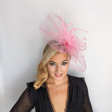 Candy pink large flower feather crin fascinator hat - House of Hats