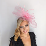 Candy pink large flower feather crin fascinator hat - House of Hats