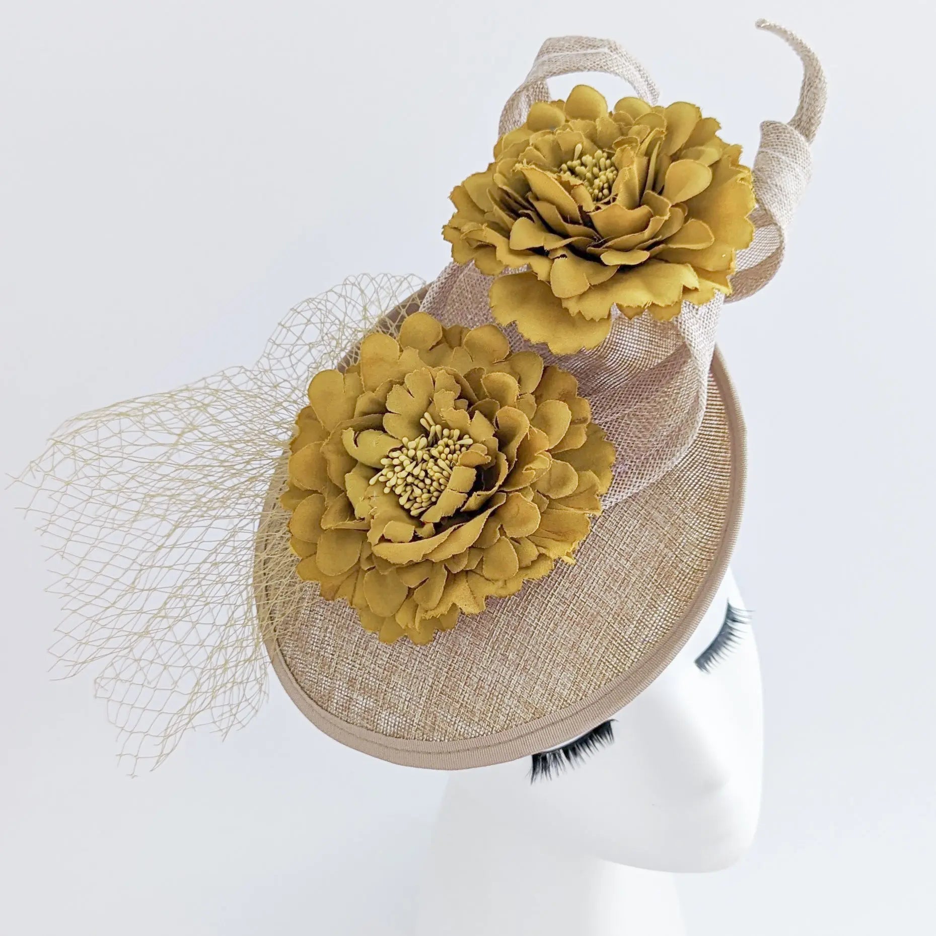 Caramel beige flower fascinator disc saucer hat - House of Hats