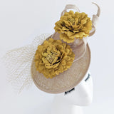 Caramel beige flower fascinator disc saucer hat - House of Hats