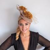 Caramel beige flower fascinator disc saucer hat - House of Hats