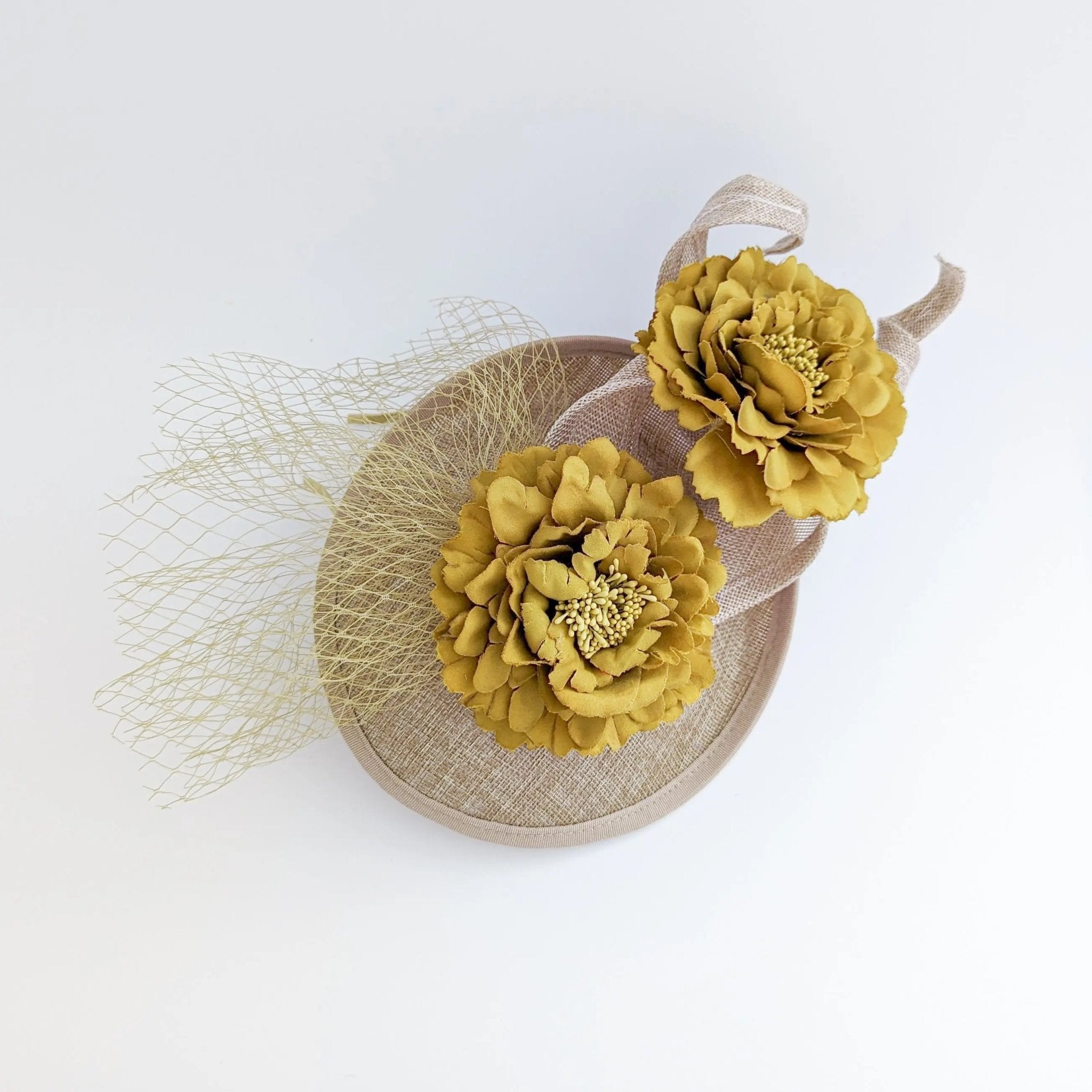 Caramel beige flower fascinator disc saucer hat - House of Hats