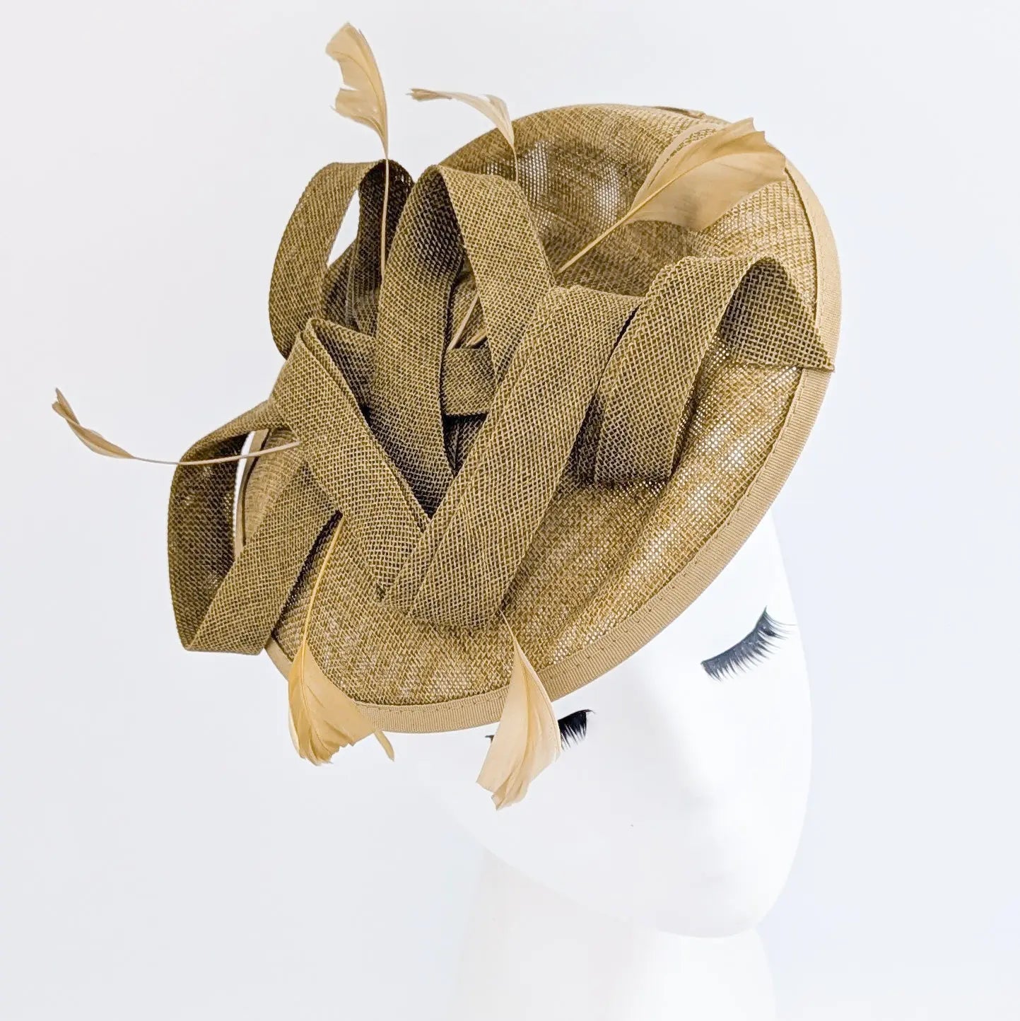 Caramel feather fascinator disc saucer hat - House of Hats