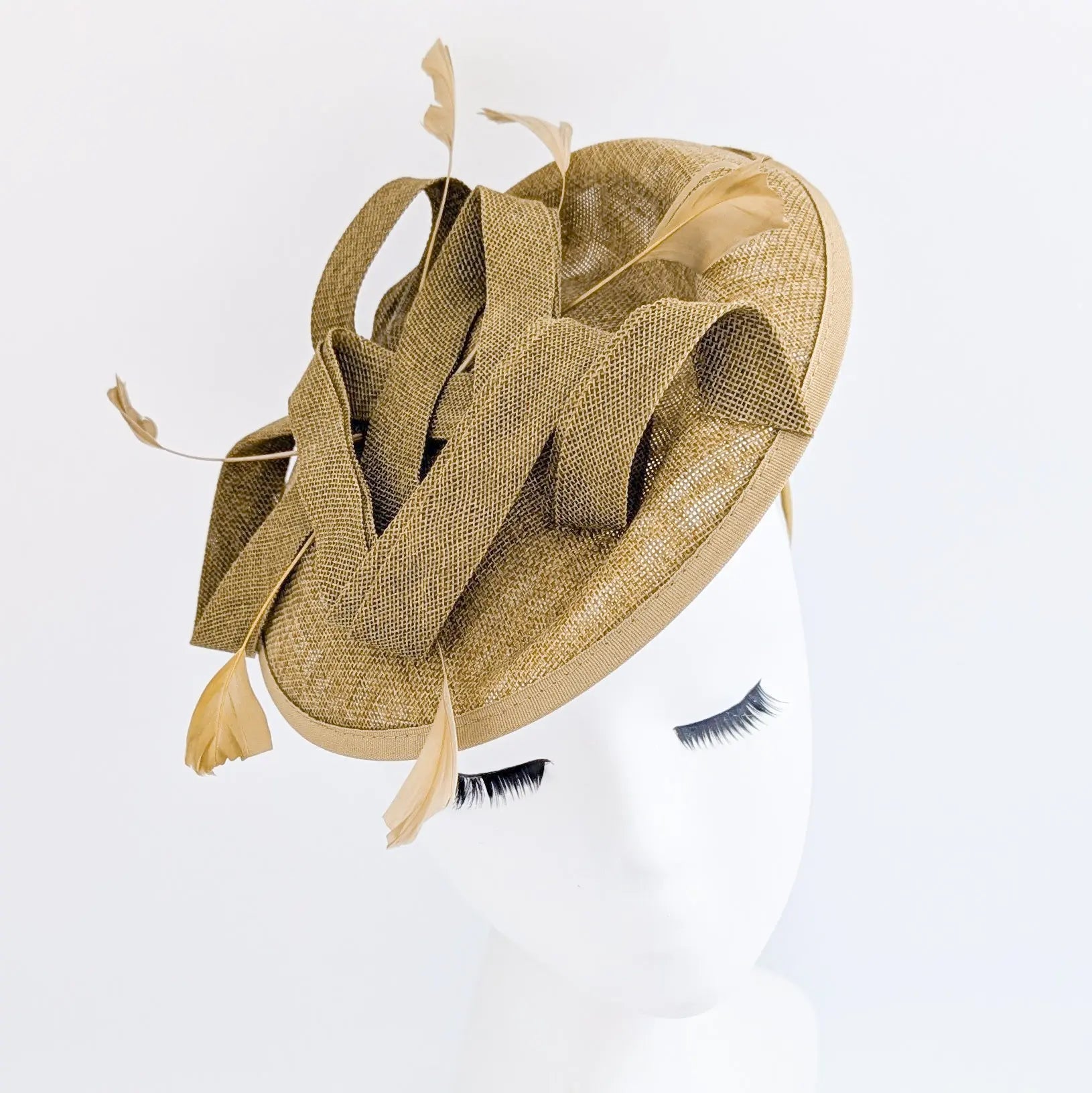Caramel feather fascinator disc saucer hat - House of Hats