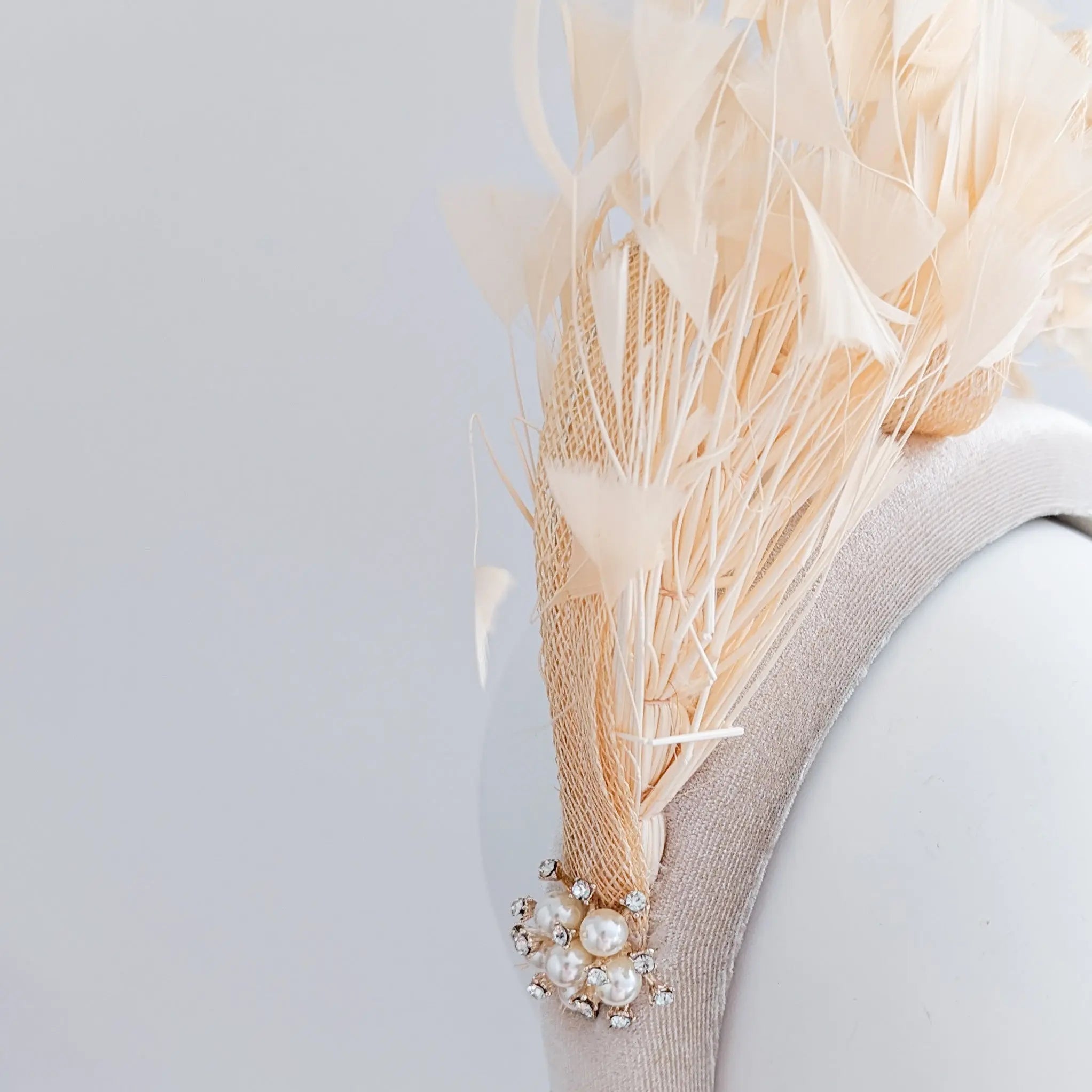Champagne peach feather padded velvet headband fascinator - House of Hats