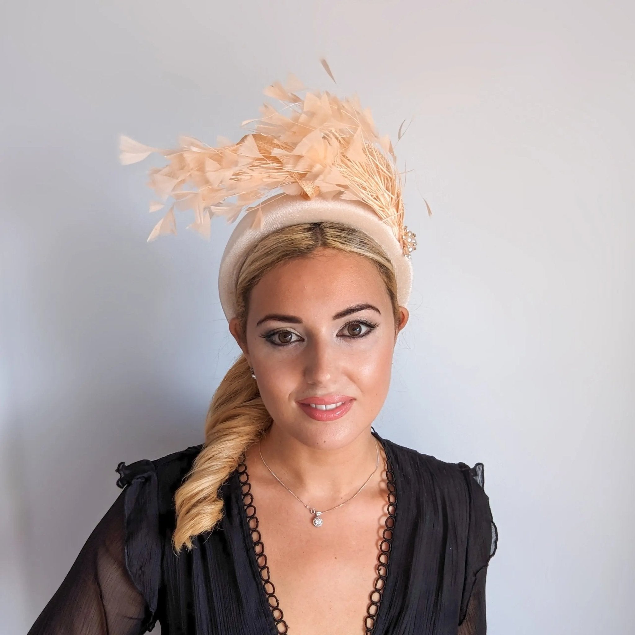 Champagne peach feather padded velvet headband fascinator - House of Hats
