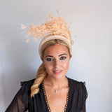 Champagne peach feather padded velvet headband fascinator - House of Hats