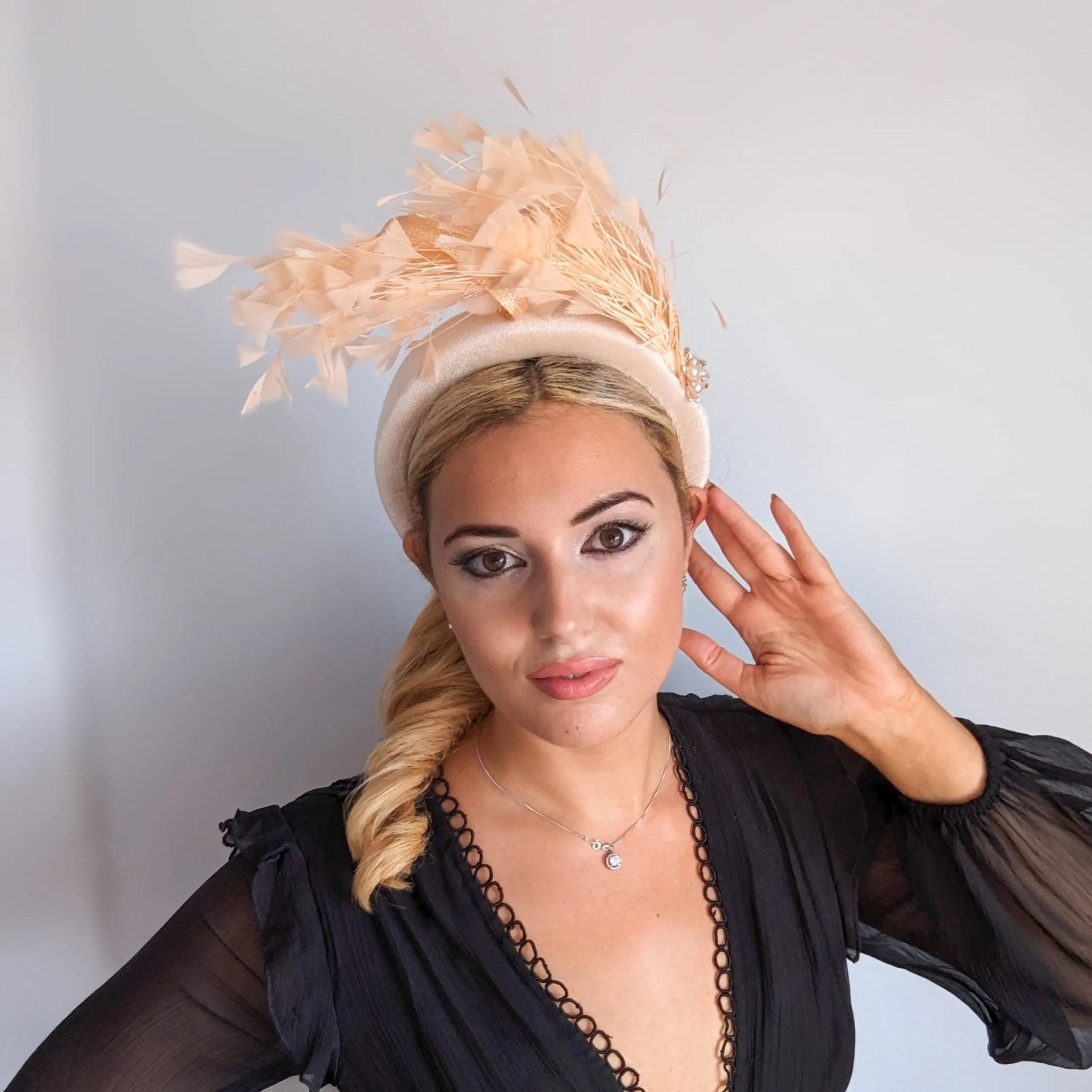 Champagne peach feather padded velvet headband fascinator - House of Hats