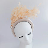 Champagne peach feather padded velvet headband fascinator - House of Hats
