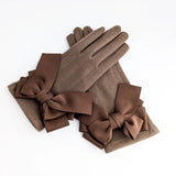 Chocolate brown bow soft winter touch screen gloves - House of Hats