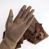 Chocolate brown bow soft winter touch screen gloves - House of Hats