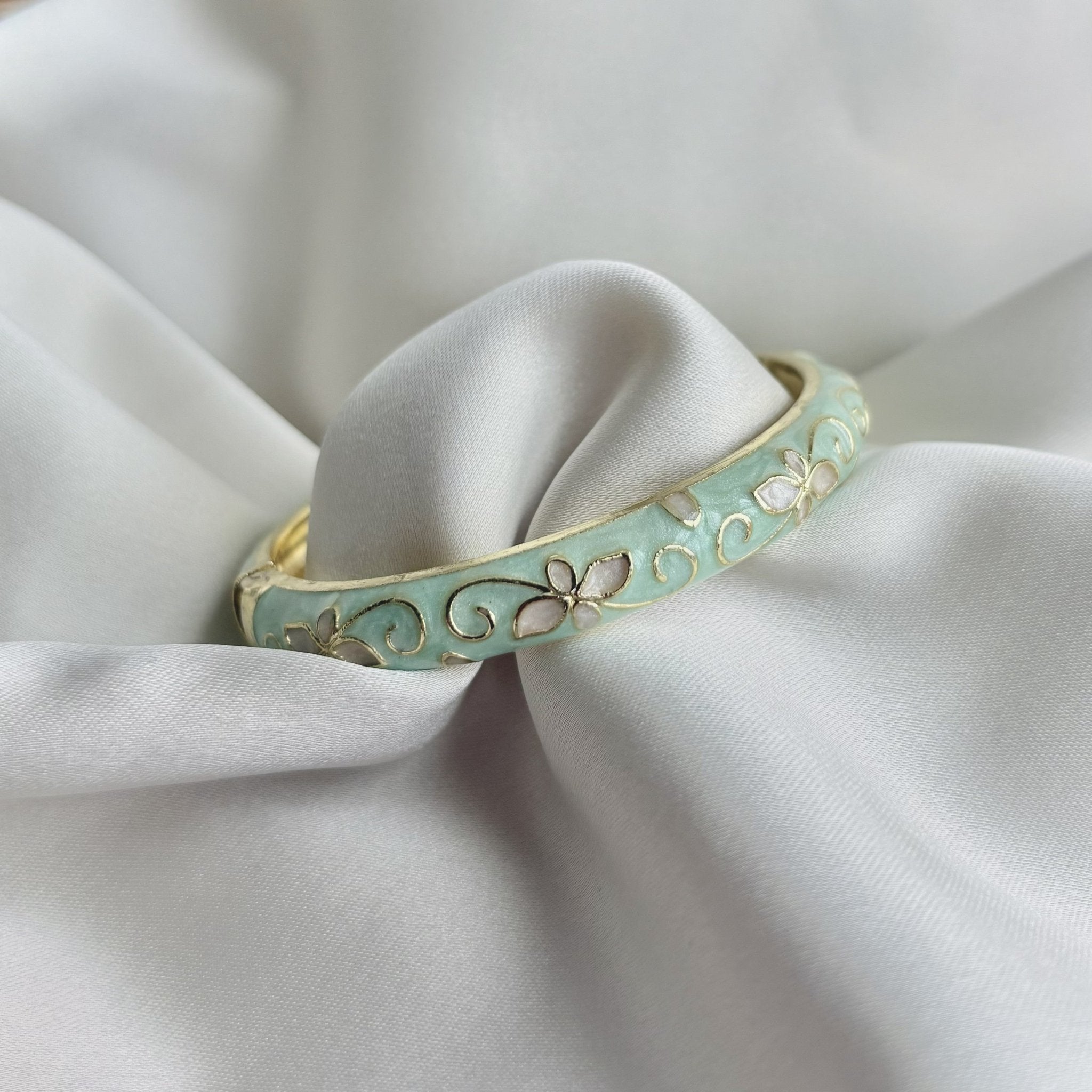 Cloisonné Enamel Pastel Bangle — Faerie Flower Gold — Mint/White Pearl - House of Hats