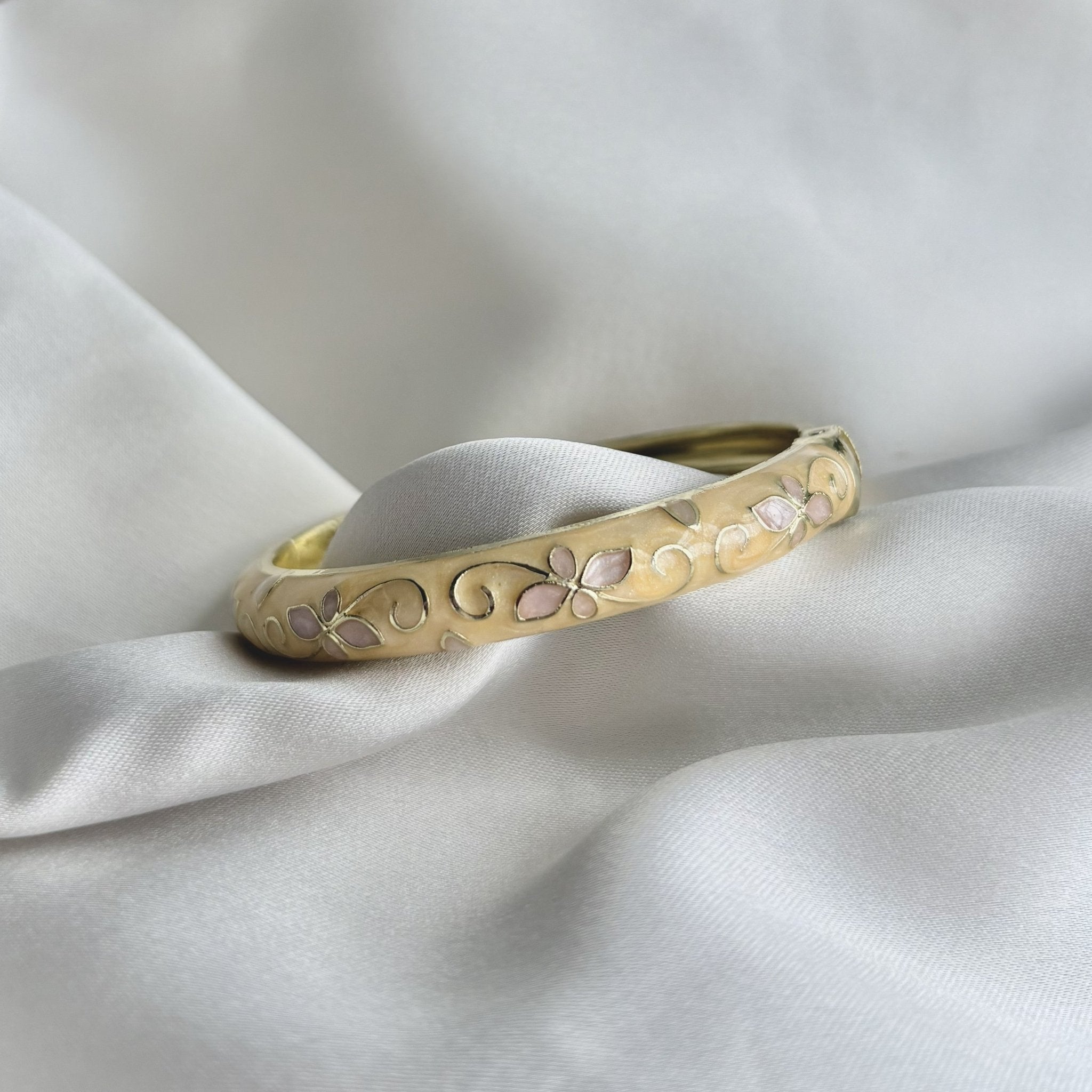 Cloisonné Enamel Pastel Bangle — Faerie Flower Gold — Yellow/Pink Pearl - House of Hats