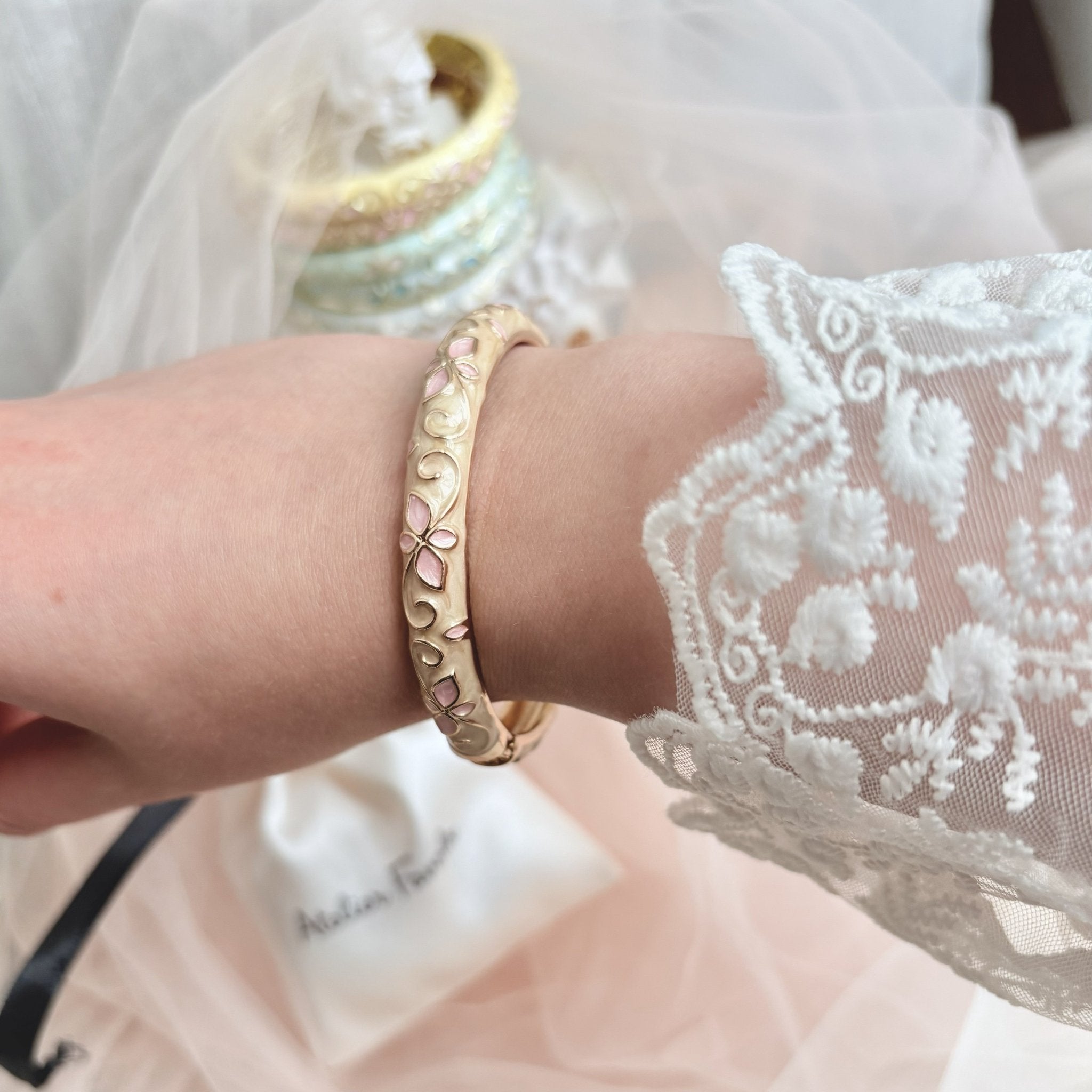Cloisonné Enamel Pastel Bangles— Faerie Flower Gold Stacking Bracelets - House of Hats