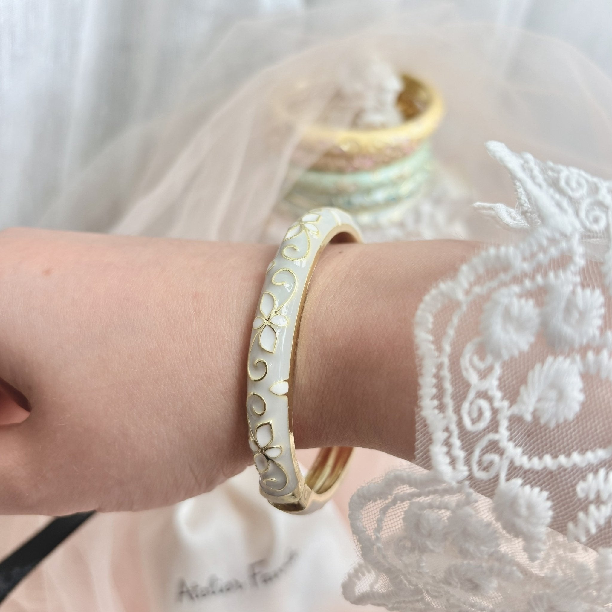 Cloisonné Enamel Pastel Bangles— Faerie Flower Gold Stacking Bracelets - House of Hats