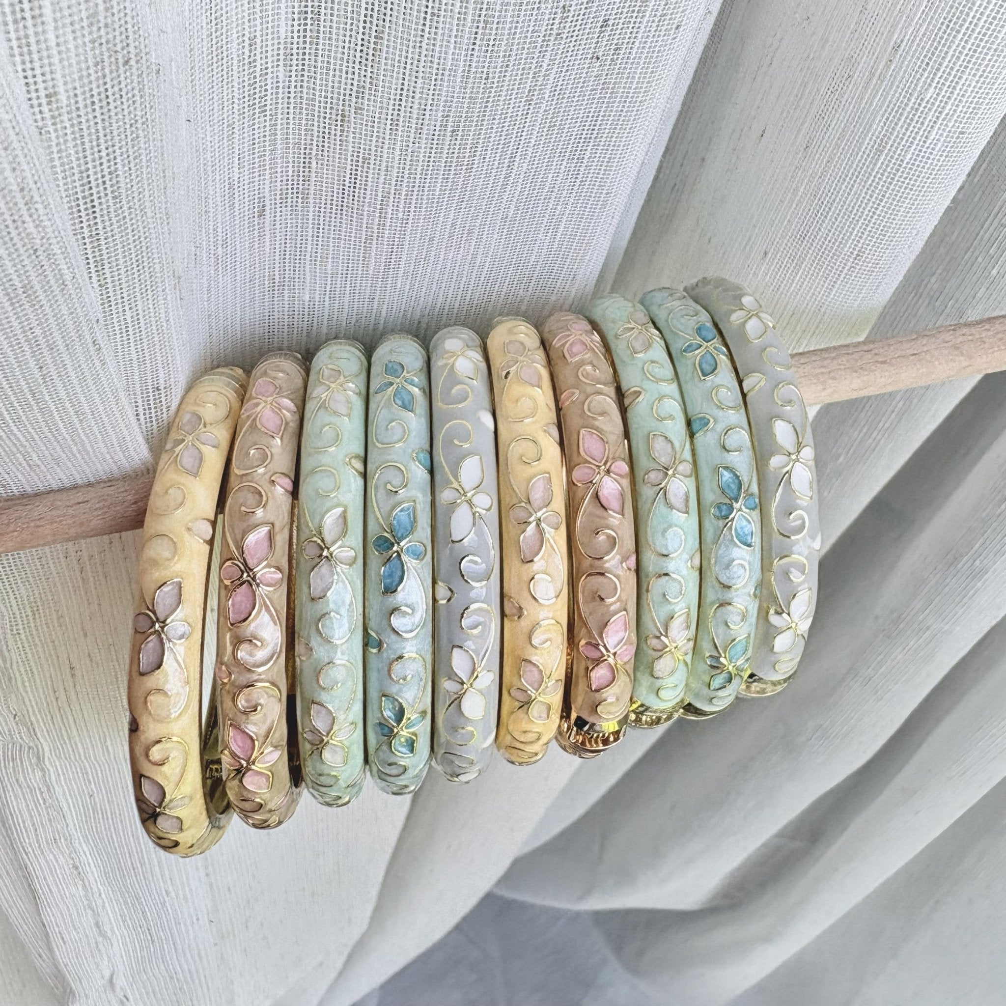 Cloisonné Enamel Pastel Bangles— Faerie Flower Gold Stacking Bracelets - House of Hats