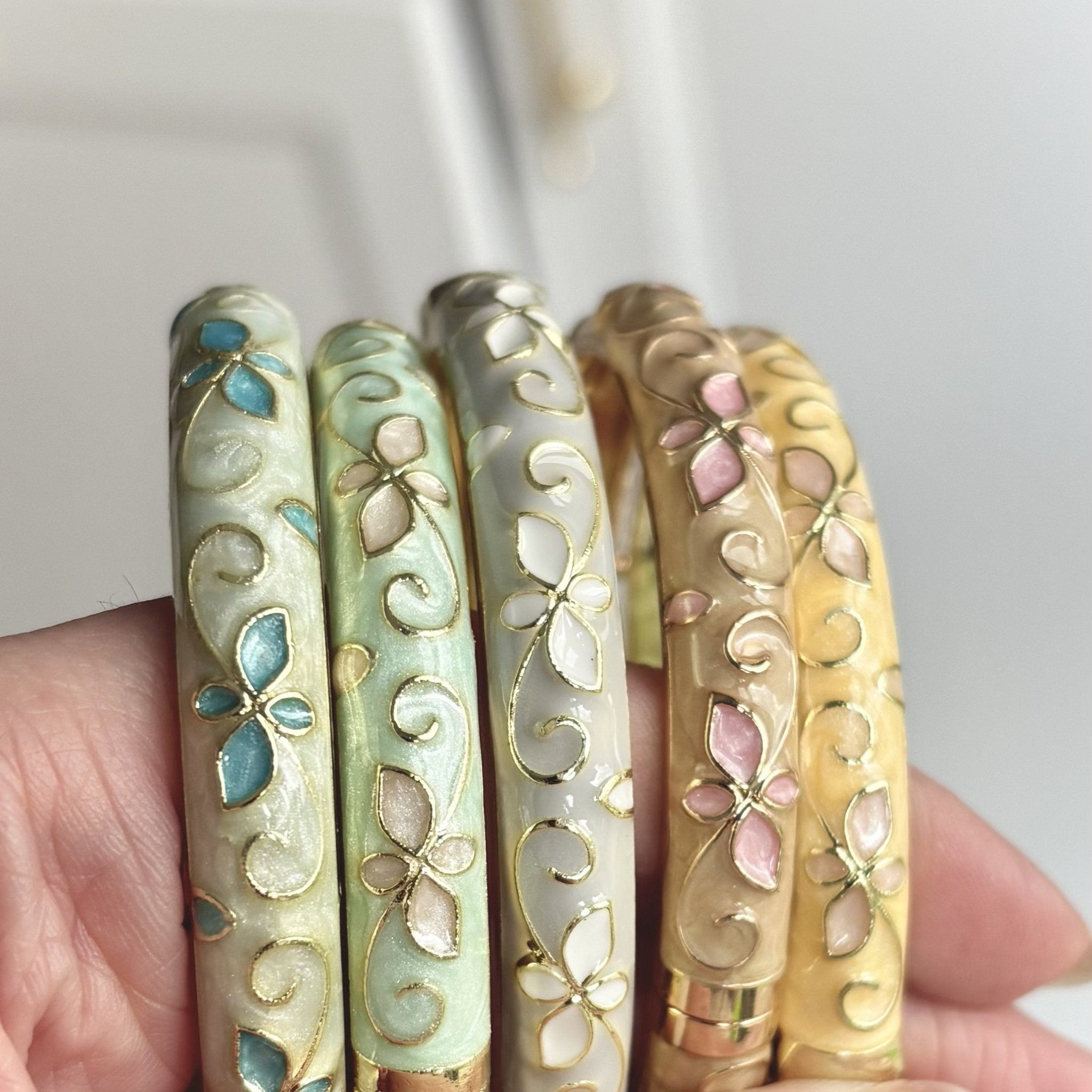 Cloisonné Enamel Pastel Bangles— Faerie Flower Gold Stacking Bracelets - House of Hats