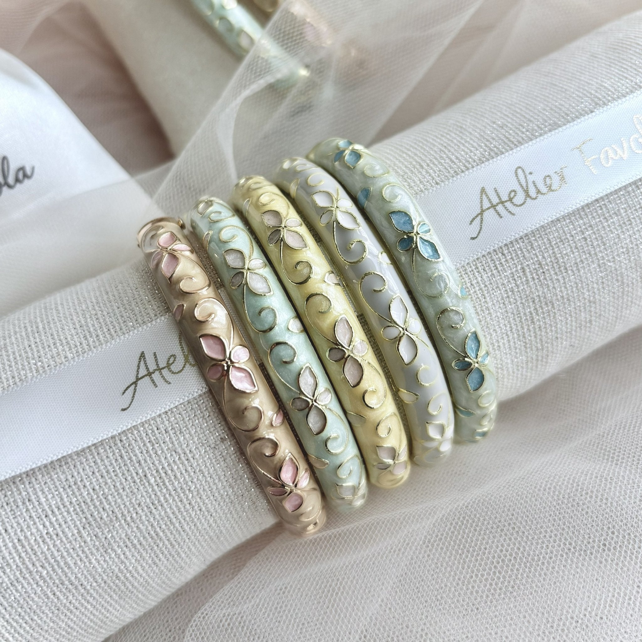 Cloisonné Enamel Pastel Bangles— Faerie Flower Gold Stacking Bracelets - House of Hats