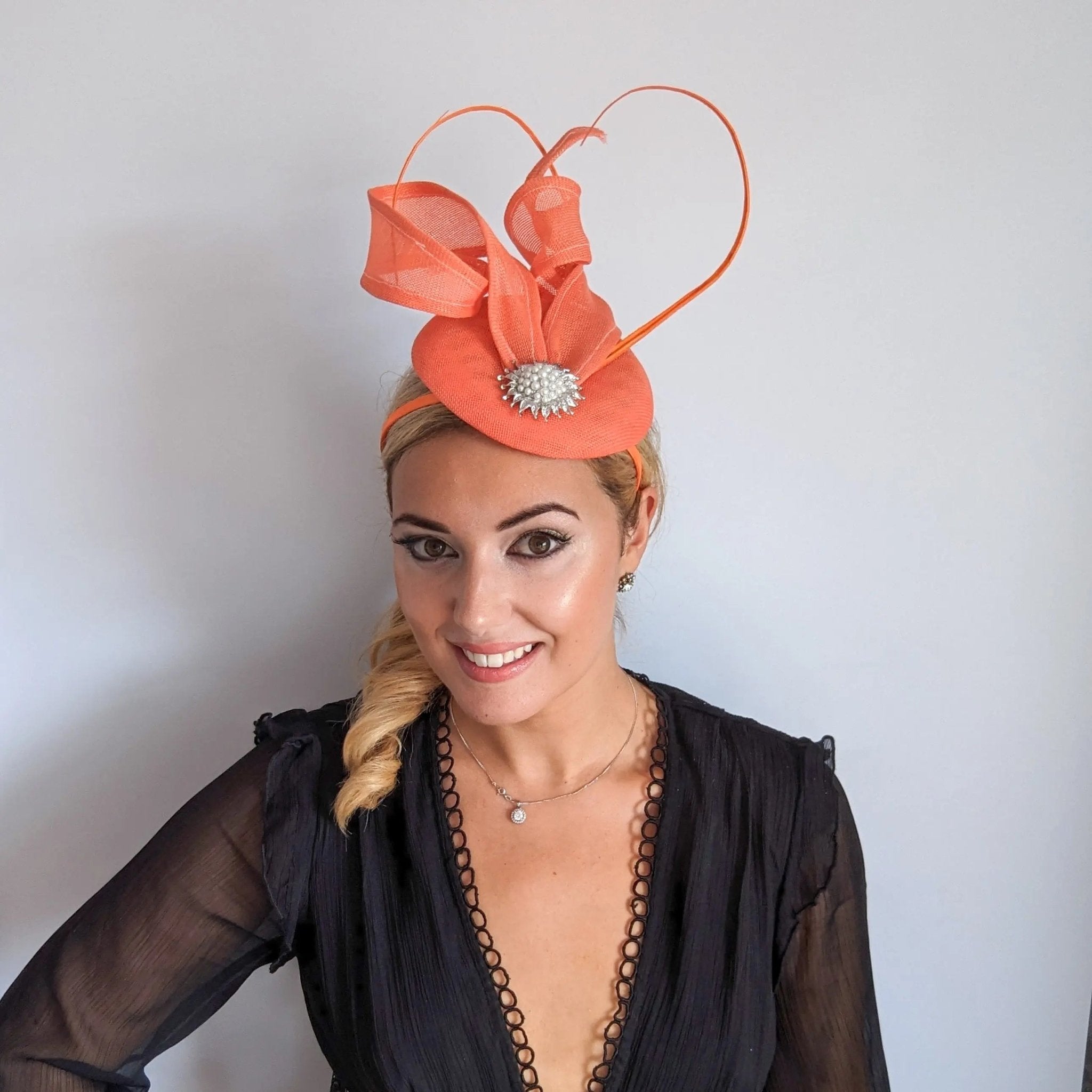 Coral orange pearl fascinator hat - House of Hats