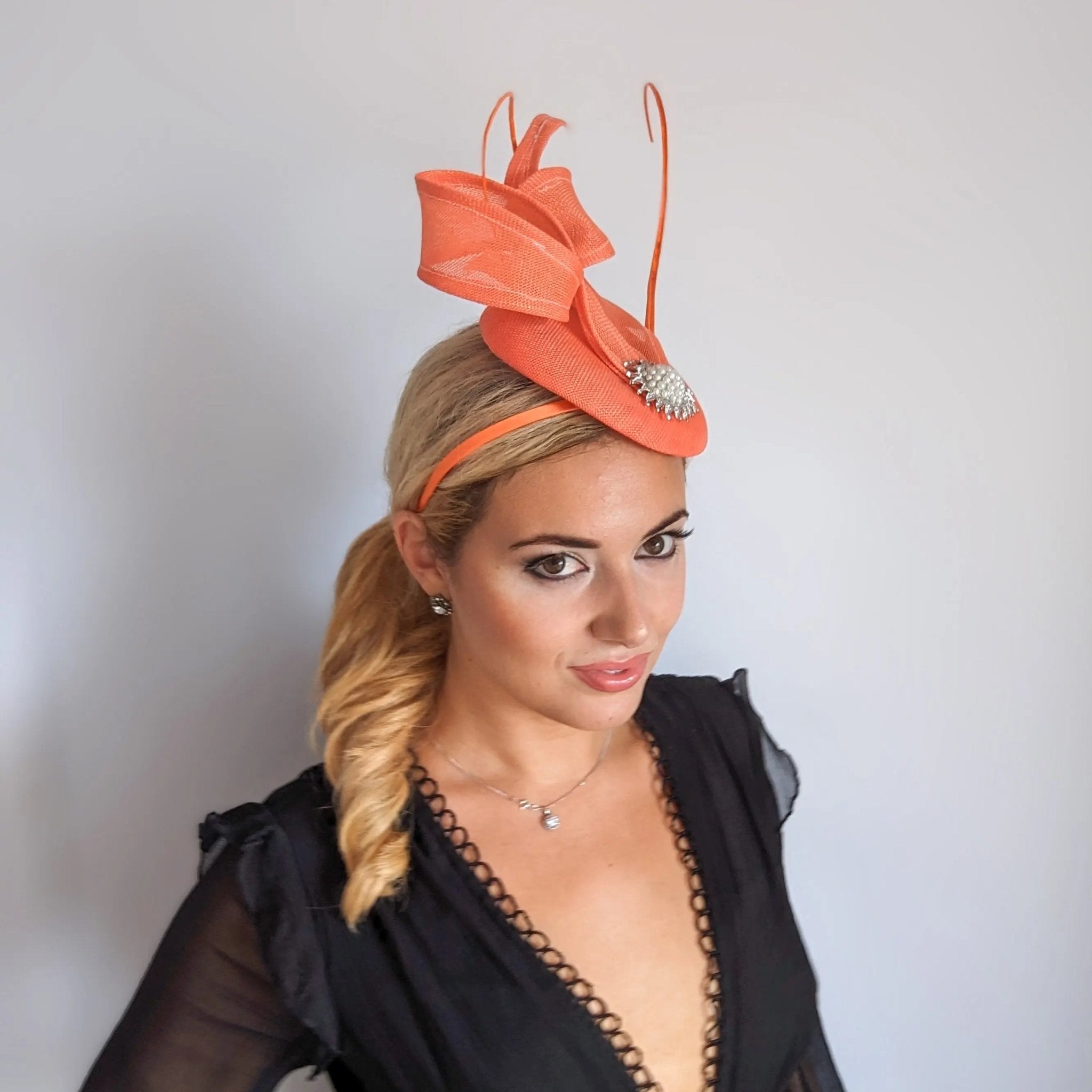 Coral orange pearl fascinator hat - House of Hats