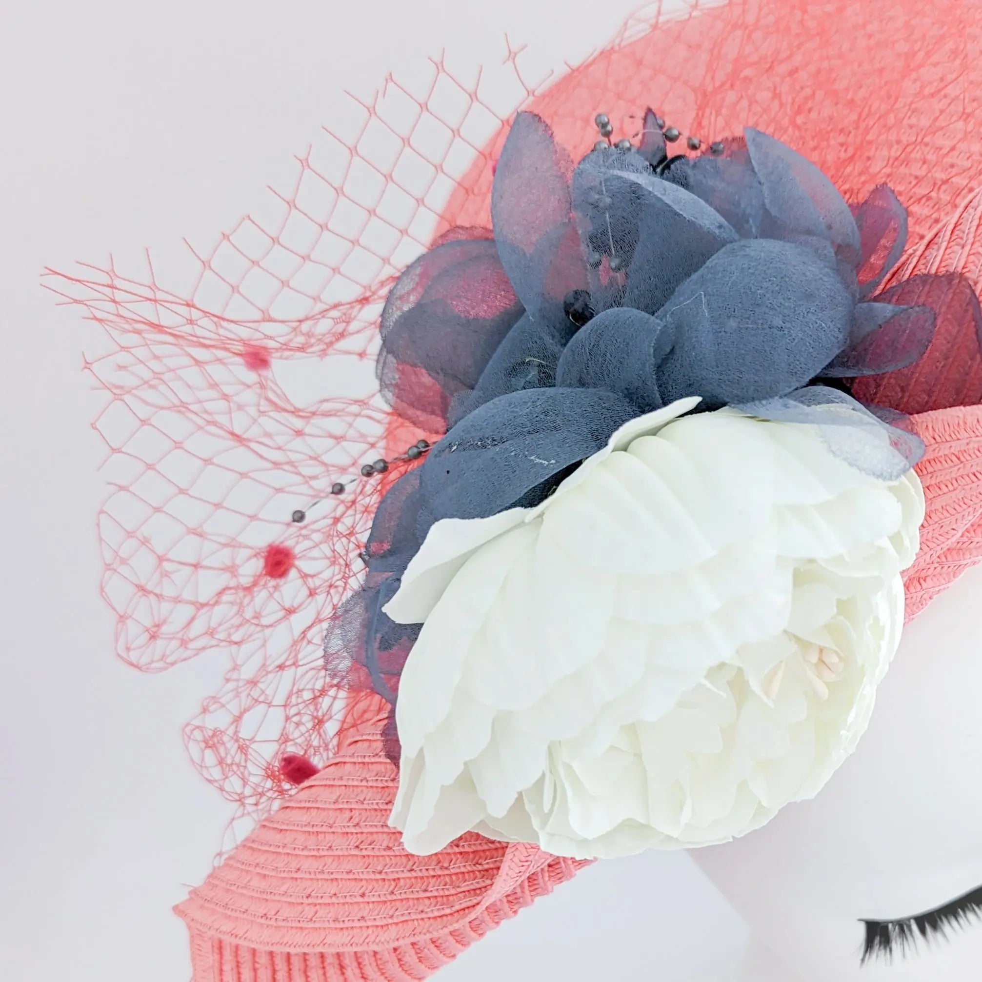 Coral pink large woven straw flower fascinator hat - House of Hats