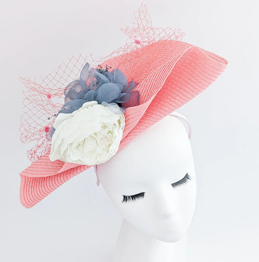 Coral pink large woven straw flower fascinator hat - House of Hats