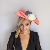 Coral pink large woven straw flower fascinator hat - House of Hats