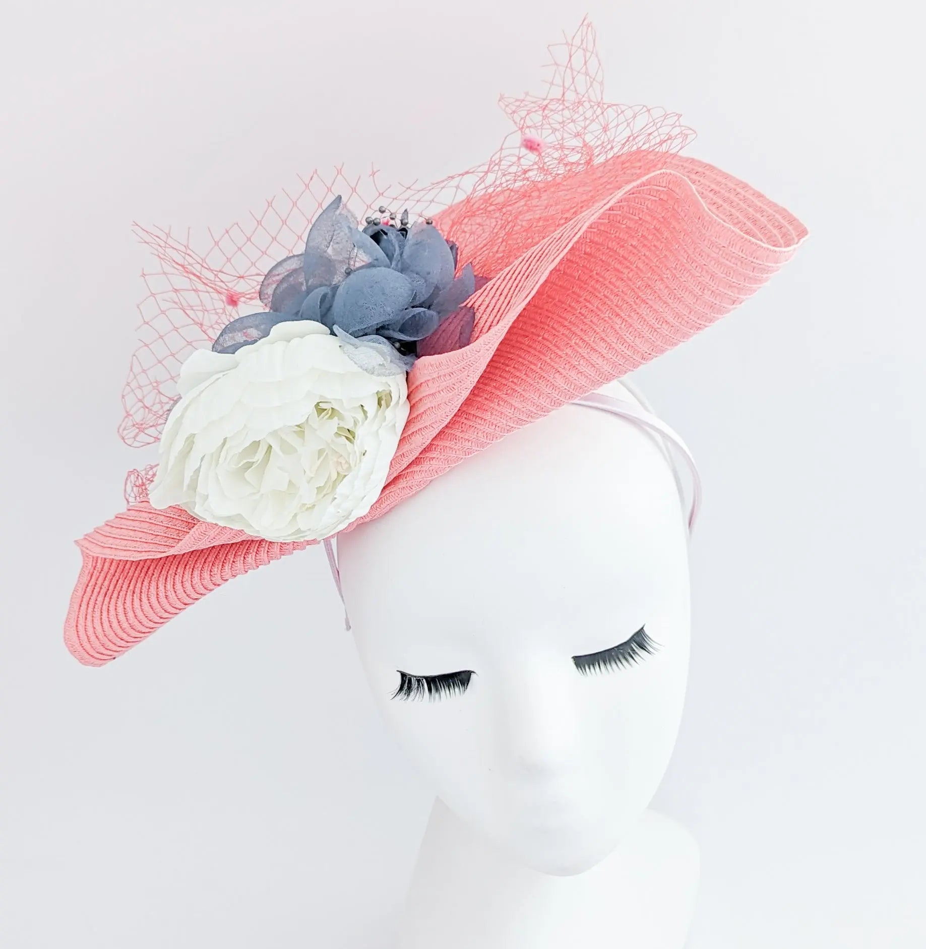 Coral pink large woven straw flower fascinator hat - House of Hats