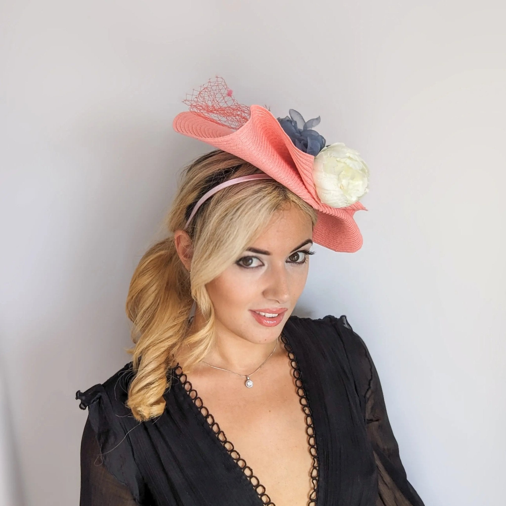Coral pink large woven straw flower fascinator hat - House of Hats