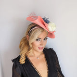 Coral pink large woven straw flower fascinator hat - House of Hats