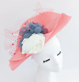 Coral pink large woven straw flower fascinator hat - House of Hats
