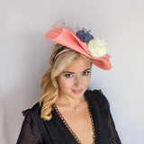 Coral pink large woven straw flower fascinator hat - House of Hats