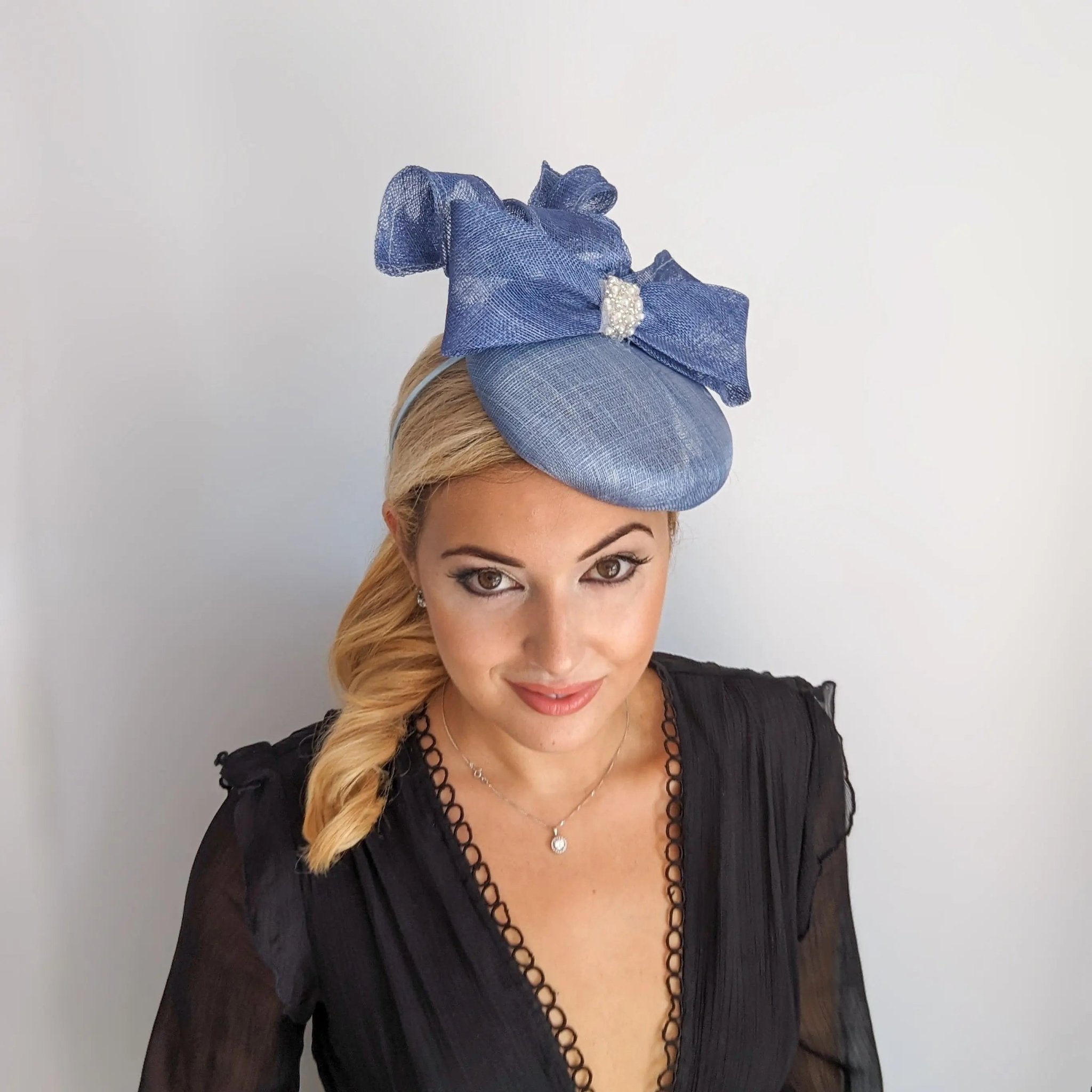 Cornflower blue crystal bow fascinator hat - House of Hats