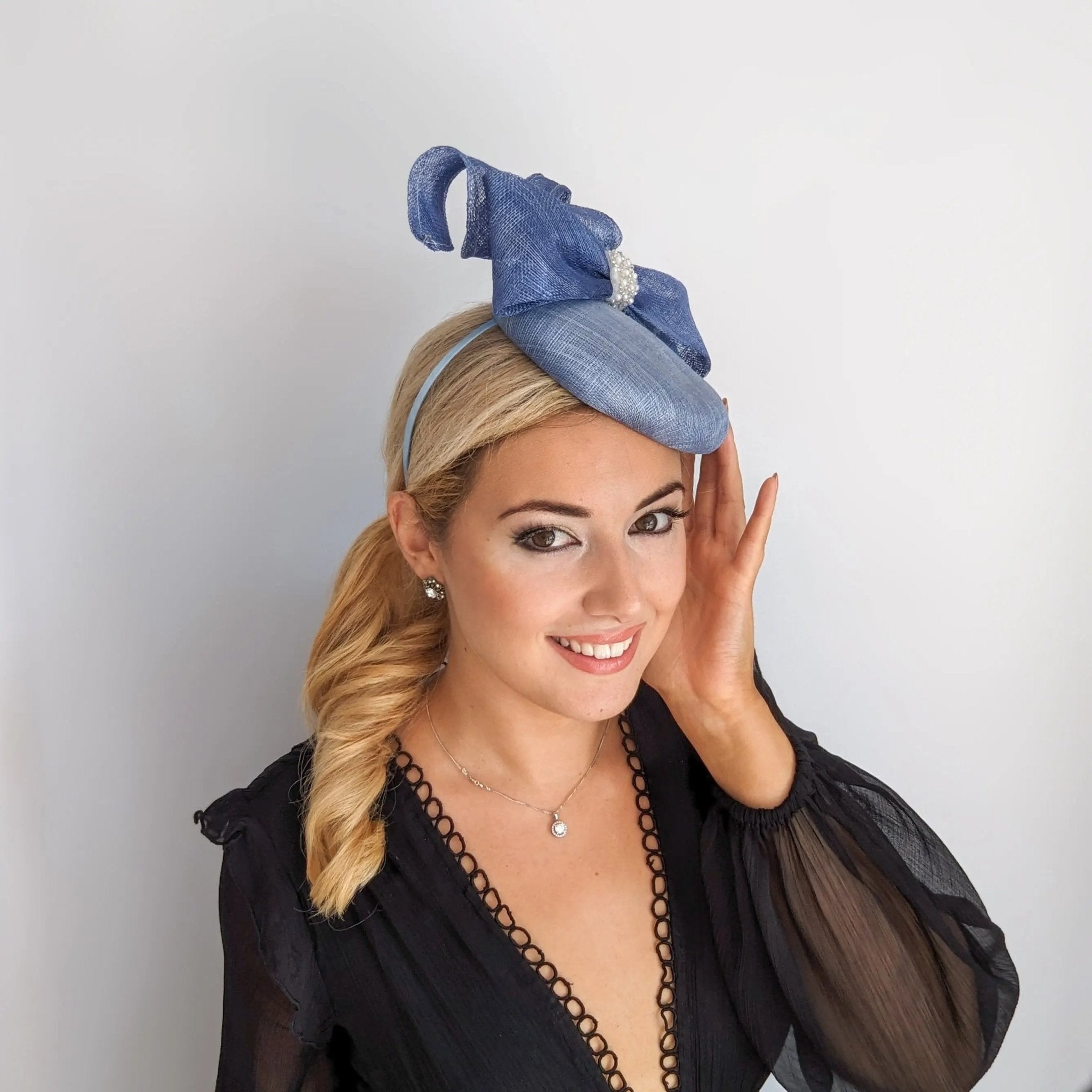 Cornflower blue crystal bow fascinator hat - House of Hats