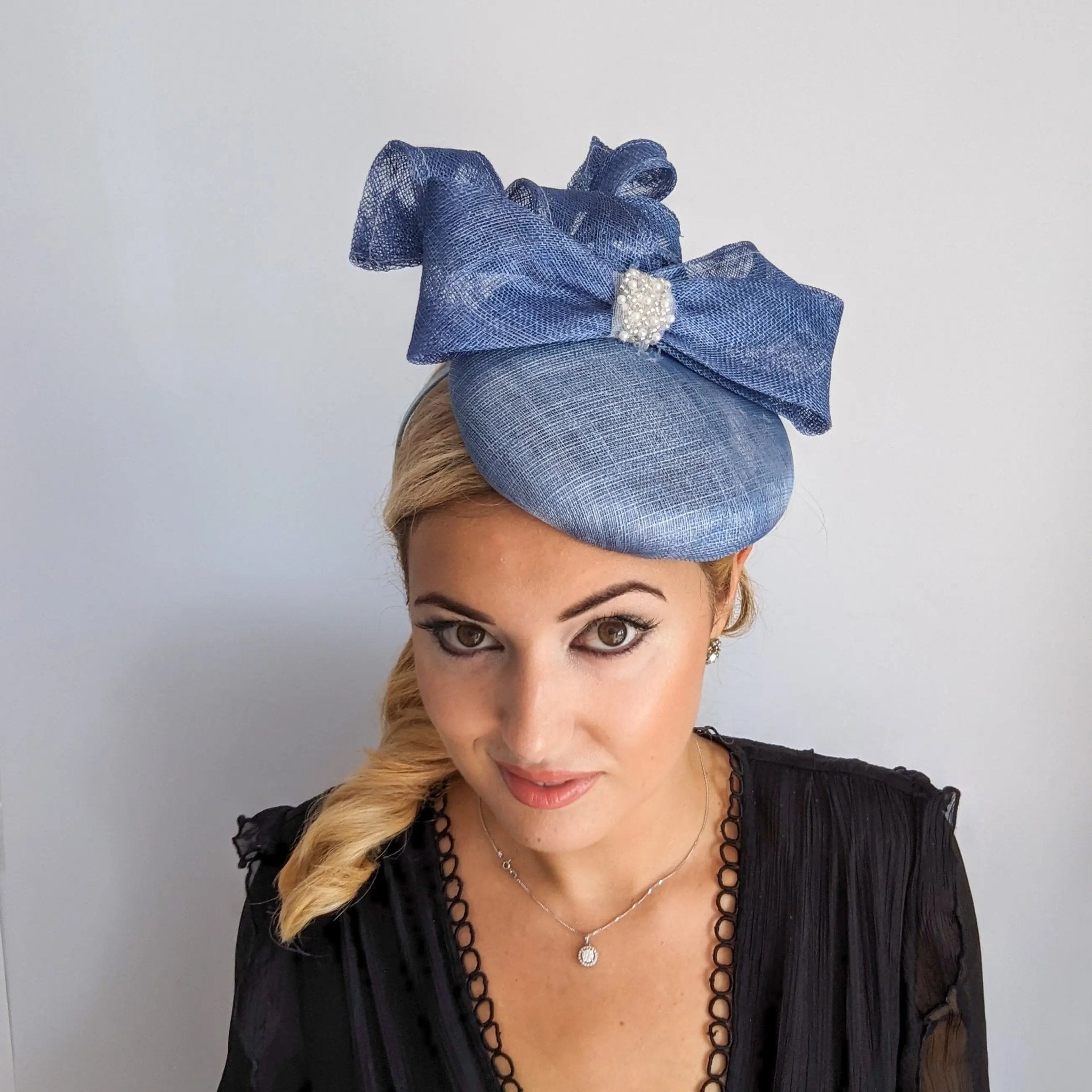 Cornflower blue crystal bow fascinator hat - House of Hats