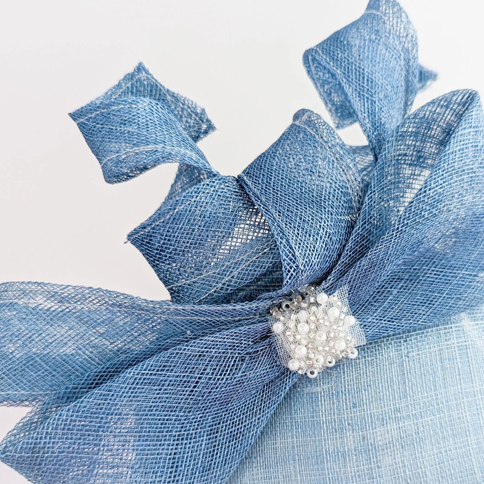 Cornflower blue crystal bow fascinator hat - House of Hats