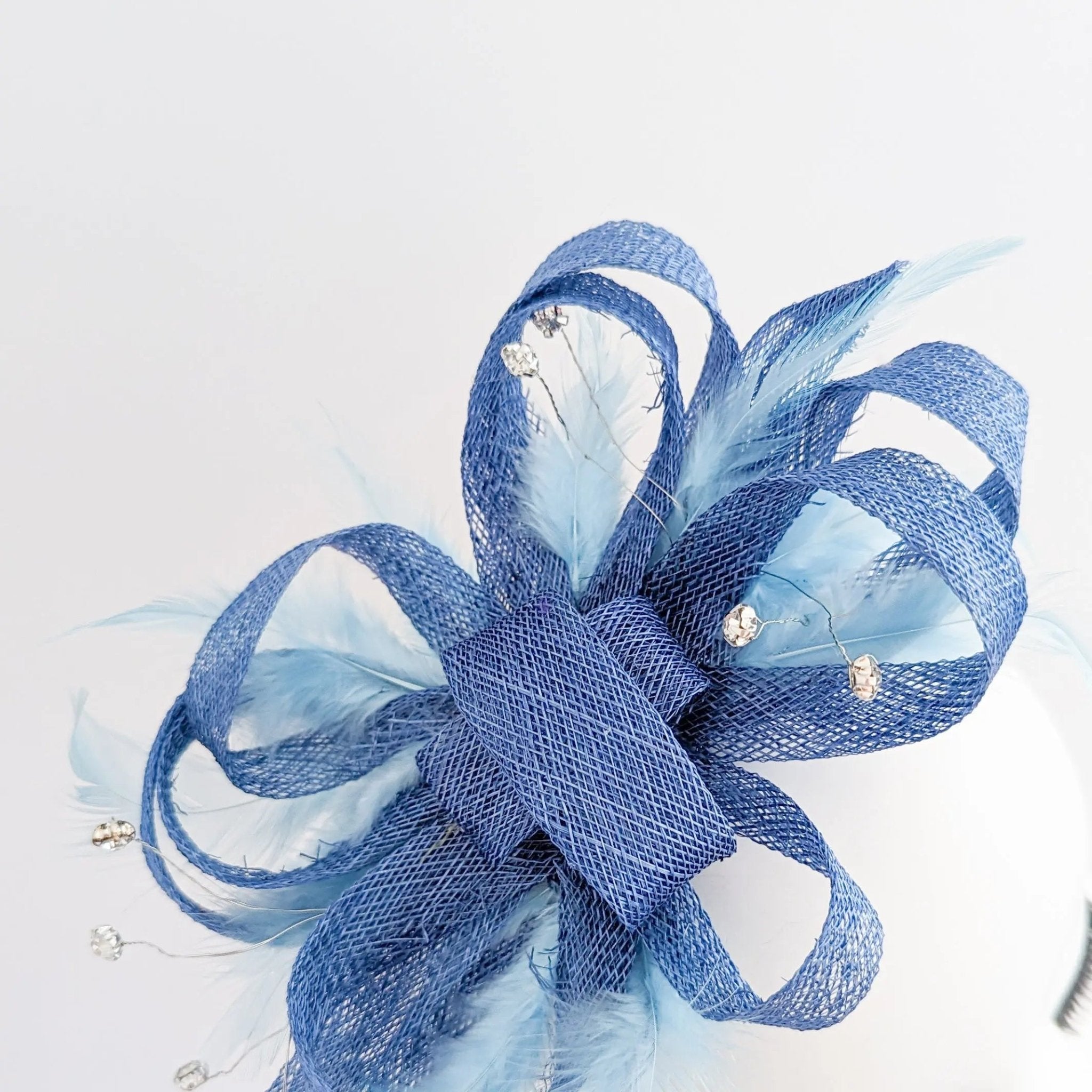 Cornflower blue crystal feather fascinator hat - House of Hats