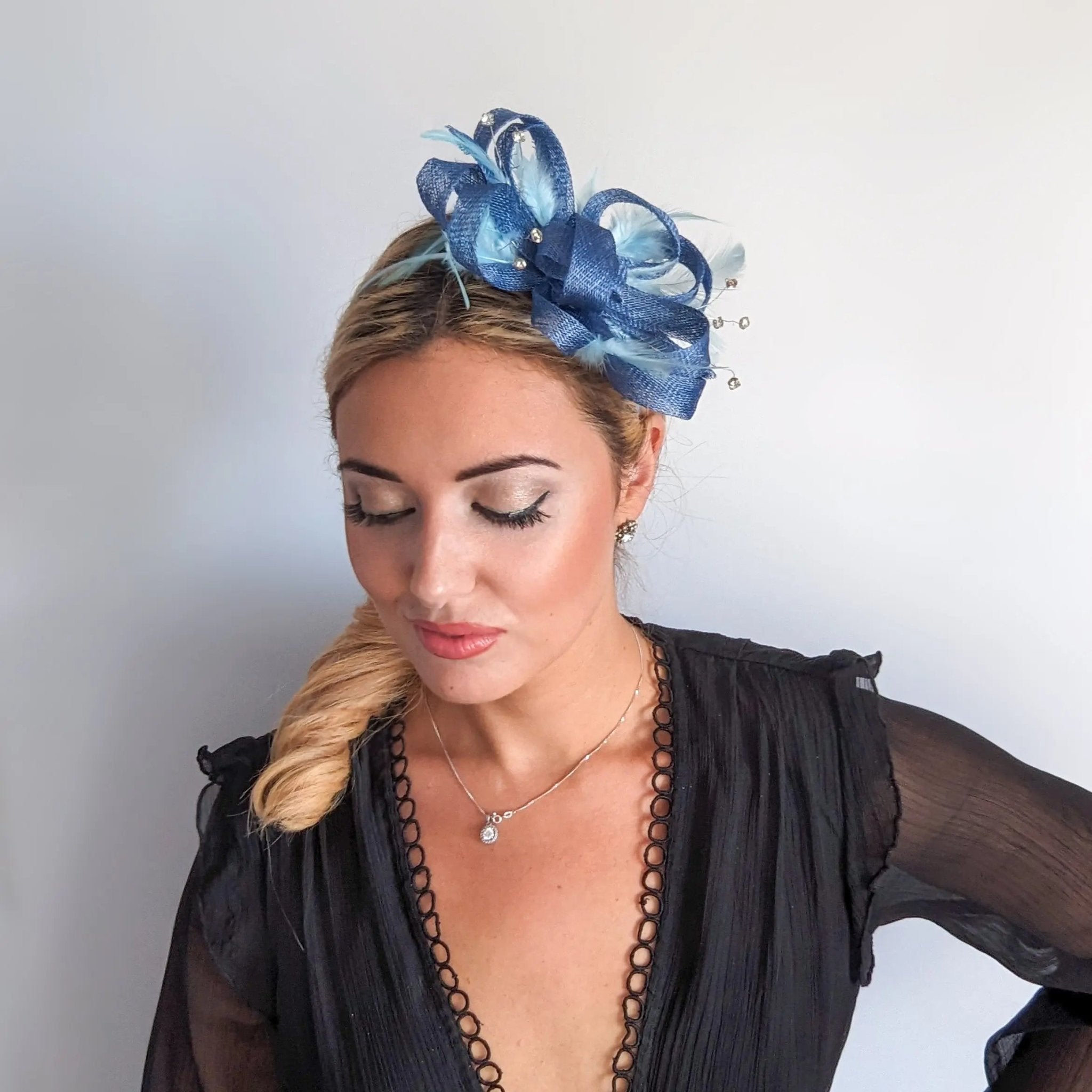 Cornflower blue crystal feather fascinator hat - House of Hats