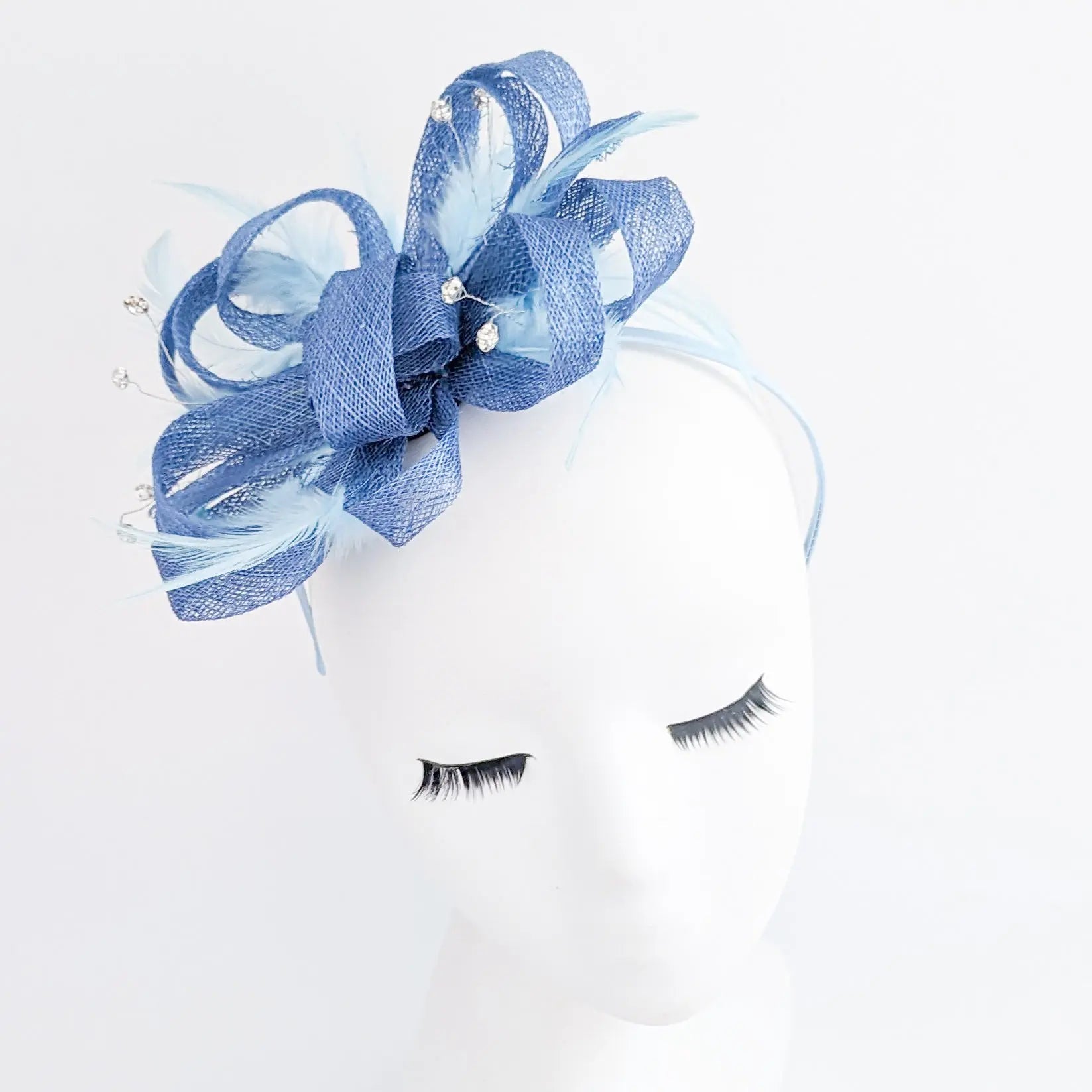 Cornflower blue crystal feather fascinator hat - House of Hats