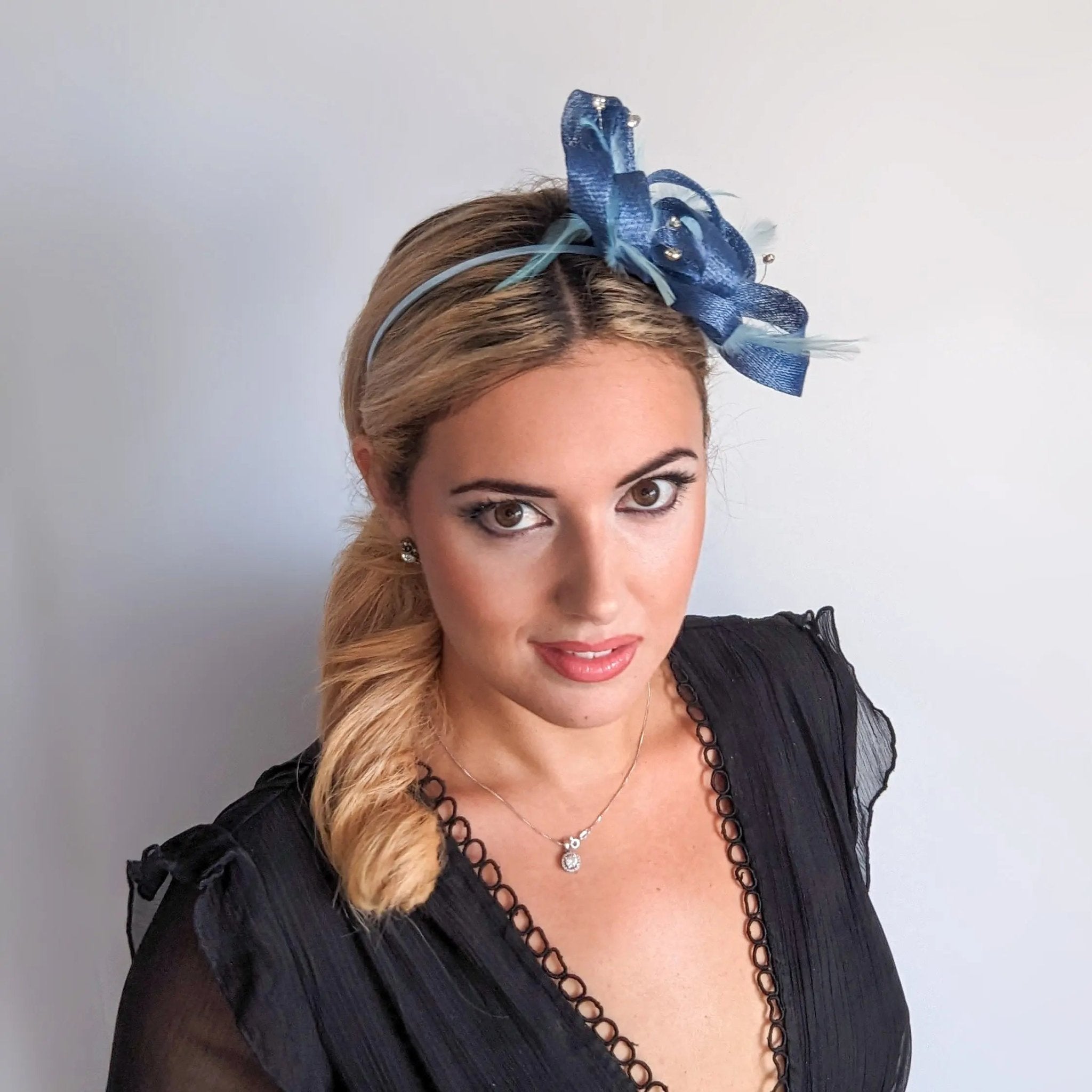 Cornflower blue crystal feather fascinator hat - House of Hats