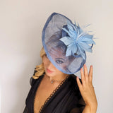Cornflower blue feather large teardrop fascinator hat - House of Hats