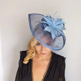 Cornflower blue feather large teardrop fascinator hat - House of Hats