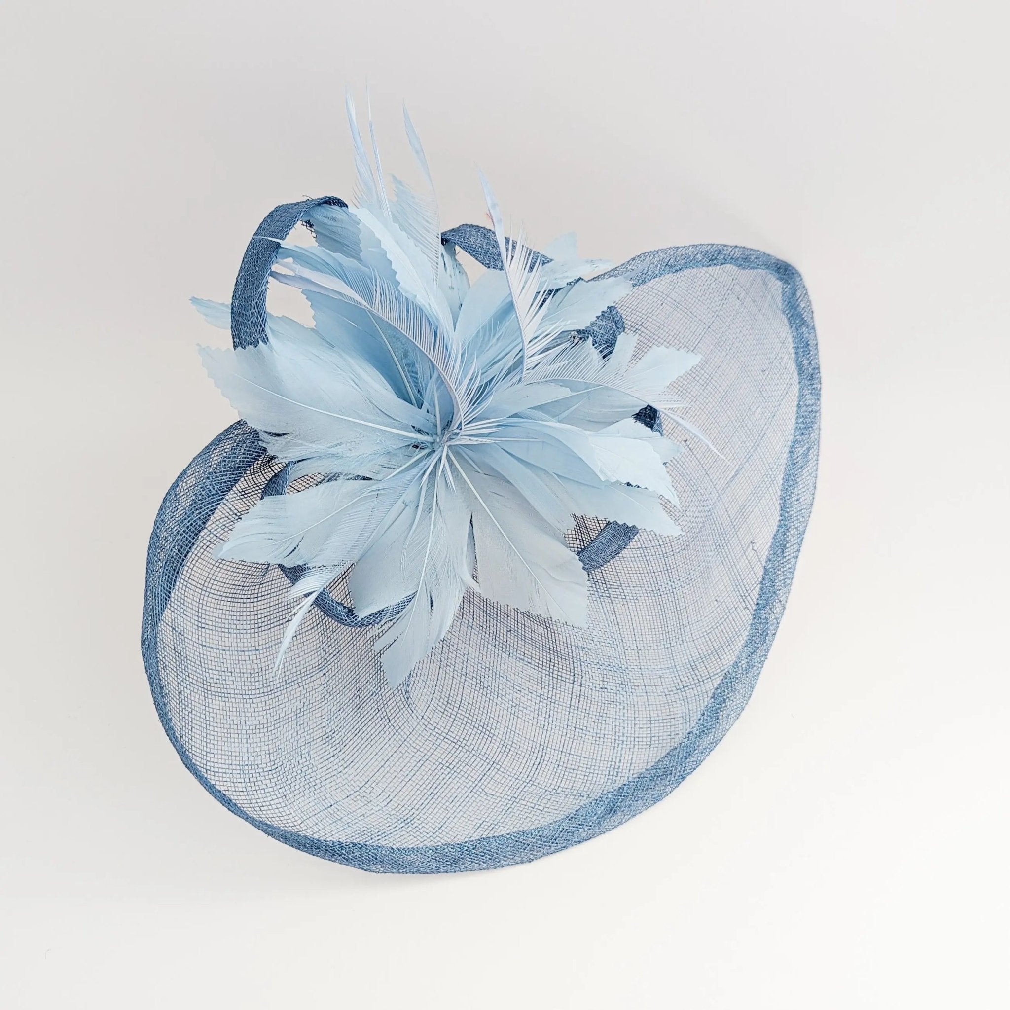 Cornflower blue feather large teardrop fascinator hat - House of Hats