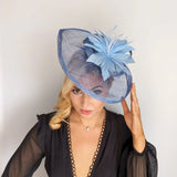 Cornflower blue feather large teardrop fascinator hat - House of Hats